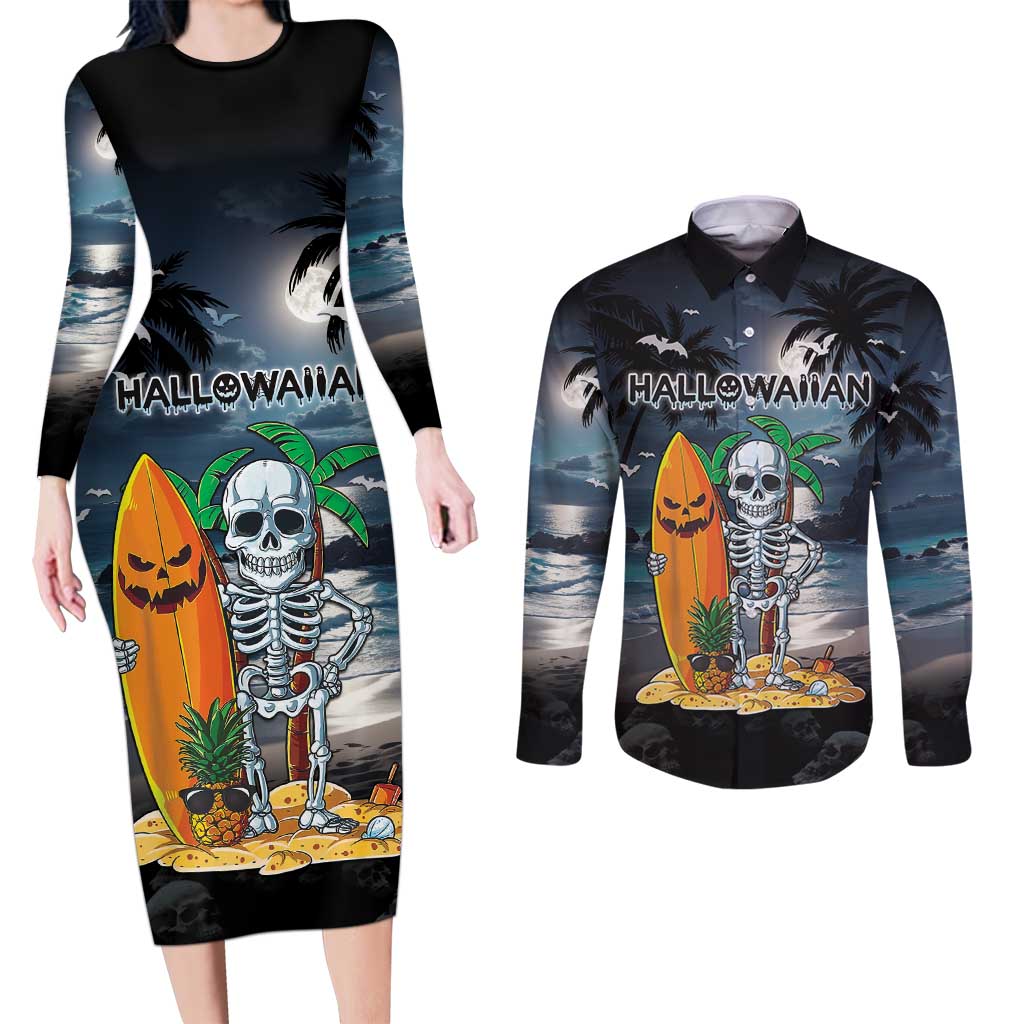 Personalised Hawaii Halloween Couples Matching Long Sleeve Bodycon Dress and Long Sleeve Button Shirt Hallowaiian Skeleton Surf LT05 Black - Polynesian Pride