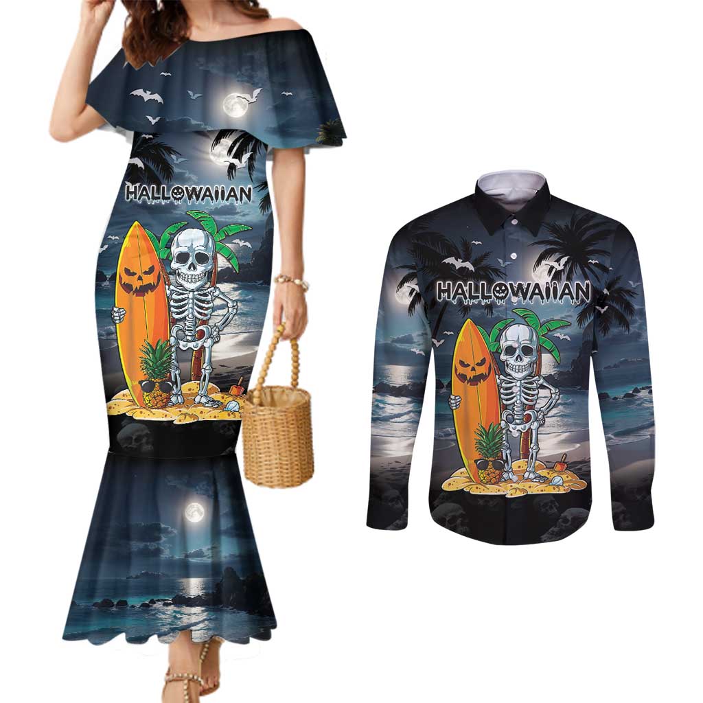 Personalised Hawaii Halloween Couples Matching Mermaid Dress and Long Sleeve Button Shirt Hallowaiian Skeleton Surf LT05 Black - Polynesian Pride
