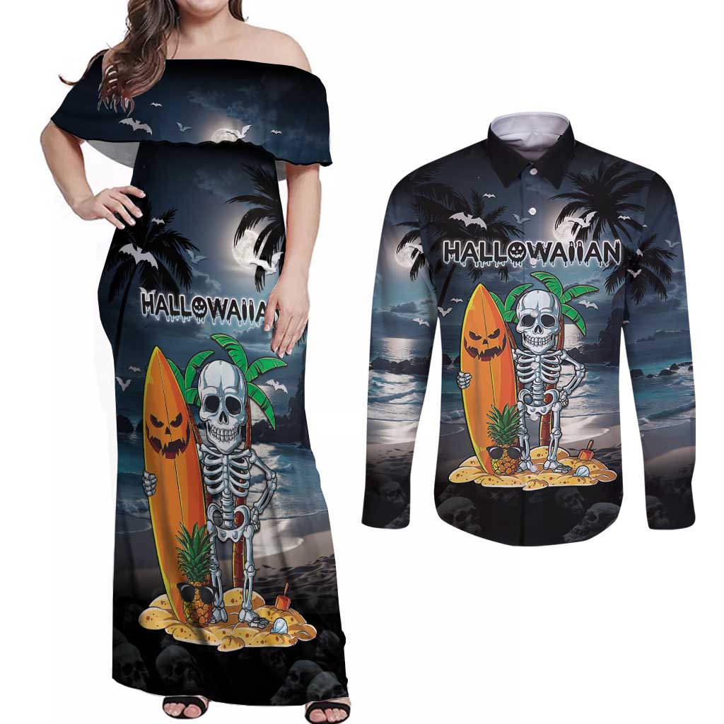 Personalised Hawaii Halloween Couples Matching Off Shoulder Maxi Dress and Long Sleeve Button Shirt Hallowaiian Skeleton Surf LT05 Black - Polynesian Pride