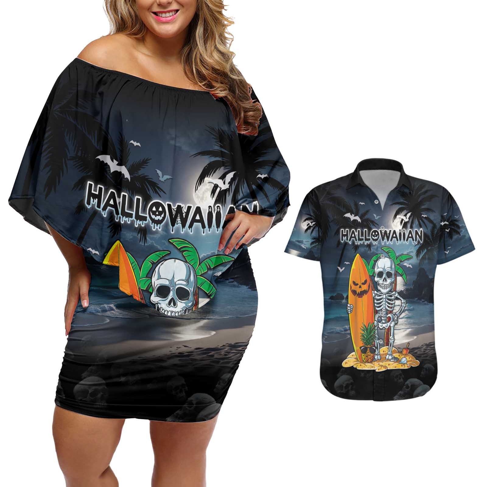 Personalised Hawaii Halloween Couples Matching Off Shoulder Short Dress and Hawaiian Shirt Hallowaiian Skeleton Surf LT05 Black - Polynesian Pride