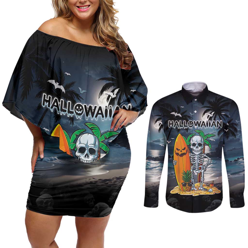Personalised Hawaii Halloween Couples Matching Off Shoulder Short Dress and Long Sleeve Button Shirt Hallowaiian Skeleton Surf LT05 Black - Polynesian Pride
