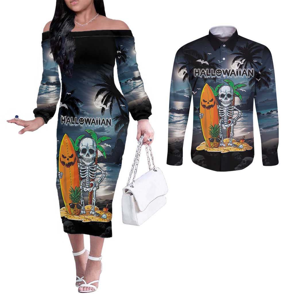 Personalised Hawaii Halloween Couples Matching Off The Shoulder Long Sleeve Dress and Long Sleeve Button Shirt Hallowaiian Skeleton Surf LT05 Black - Polynesian Pride