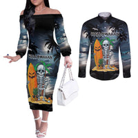 Personalised Hawaii Halloween Couples Matching Off The Shoulder Long Sleeve Dress and Long Sleeve Button Shirt Hallowaiian Skeleton Surf