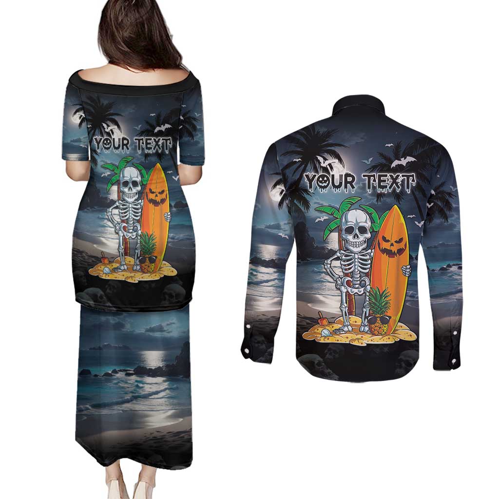 Personalised Hawaii Halloween Couples Matching Puletasi and Long Sleeve Button Shirt Hallowaiian Skeleton Surf