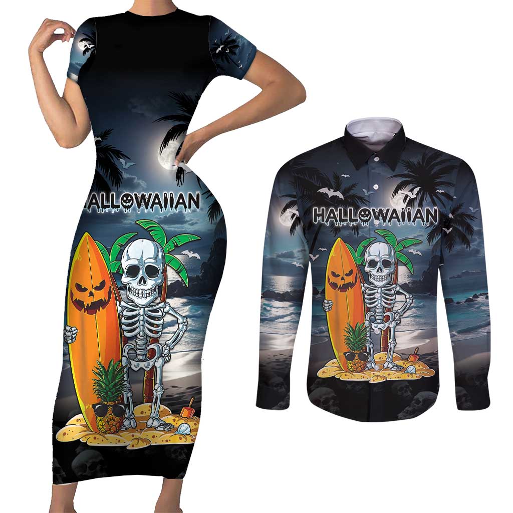 Personalised Hawaii Halloween Couples Matching Short Sleeve Bodycon Dress and Long Sleeve Button Shirt Hallowaiian Skeleton Surf LT05 Black - Polynesian Pride
