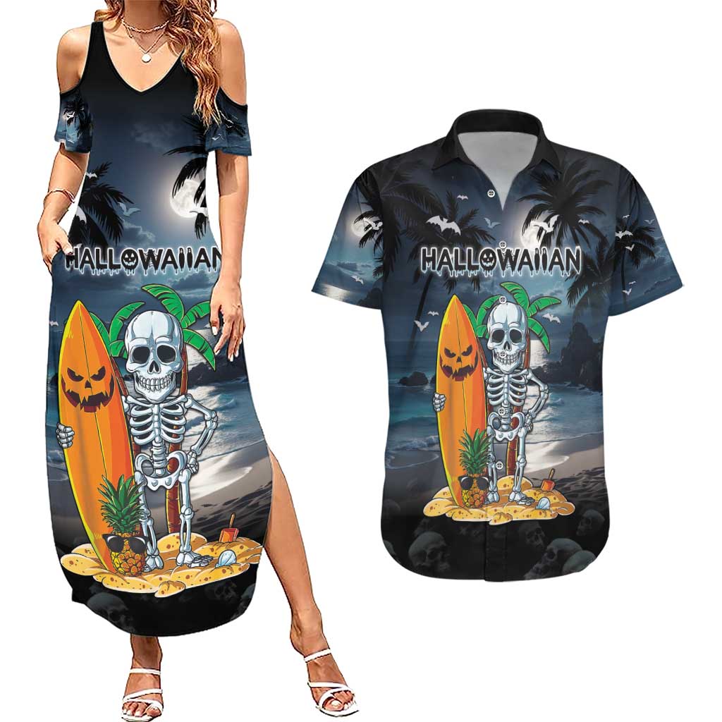 Personalised Hawaii Halloween Couples Matching Summer Maxi Dress and Hawaiian Shirt Hallowaiian Skeleton Surf LT05 Black - Polynesian Pride