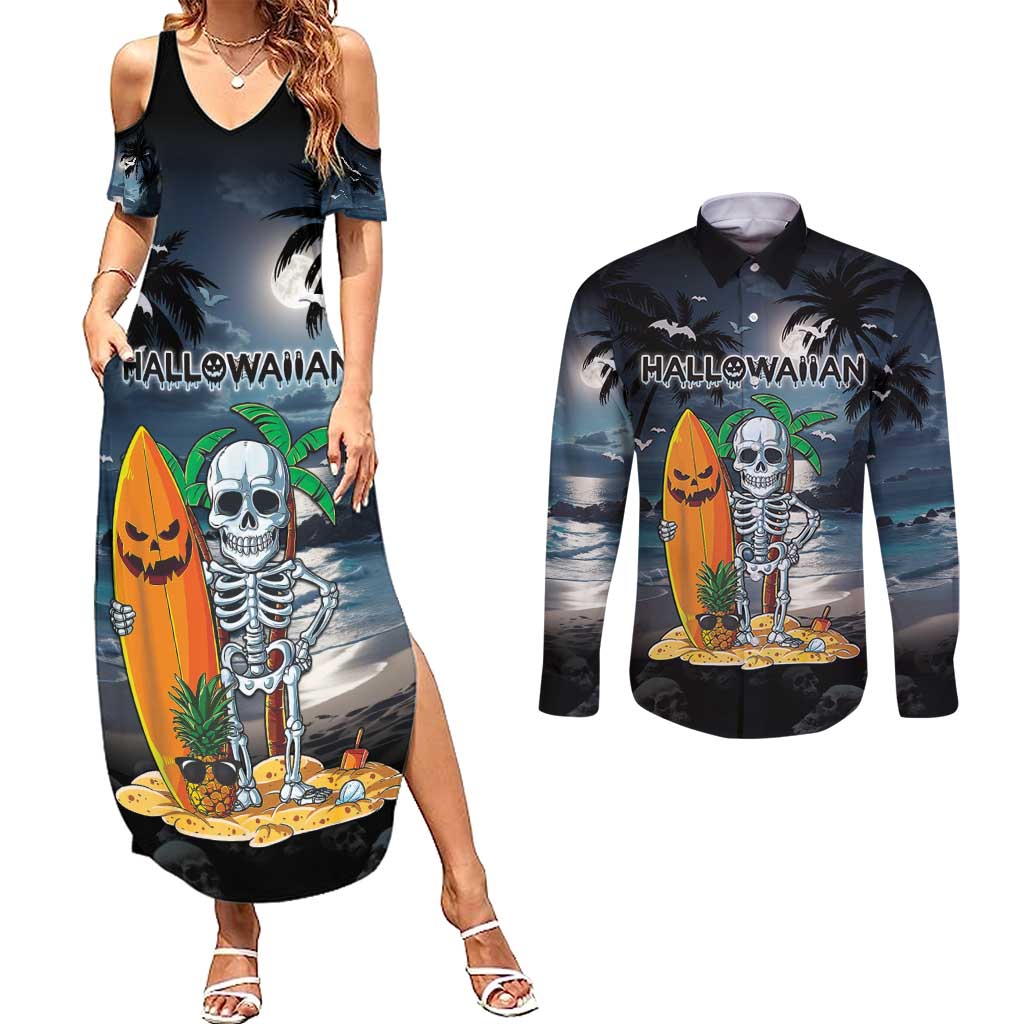 Personalised Hawaii Halloween Couples Matching Summer Maxi Dress and Long Sleeve Button Shirt Hallowaiian Skeleton Surf LT05 Black - Polynesian Pride