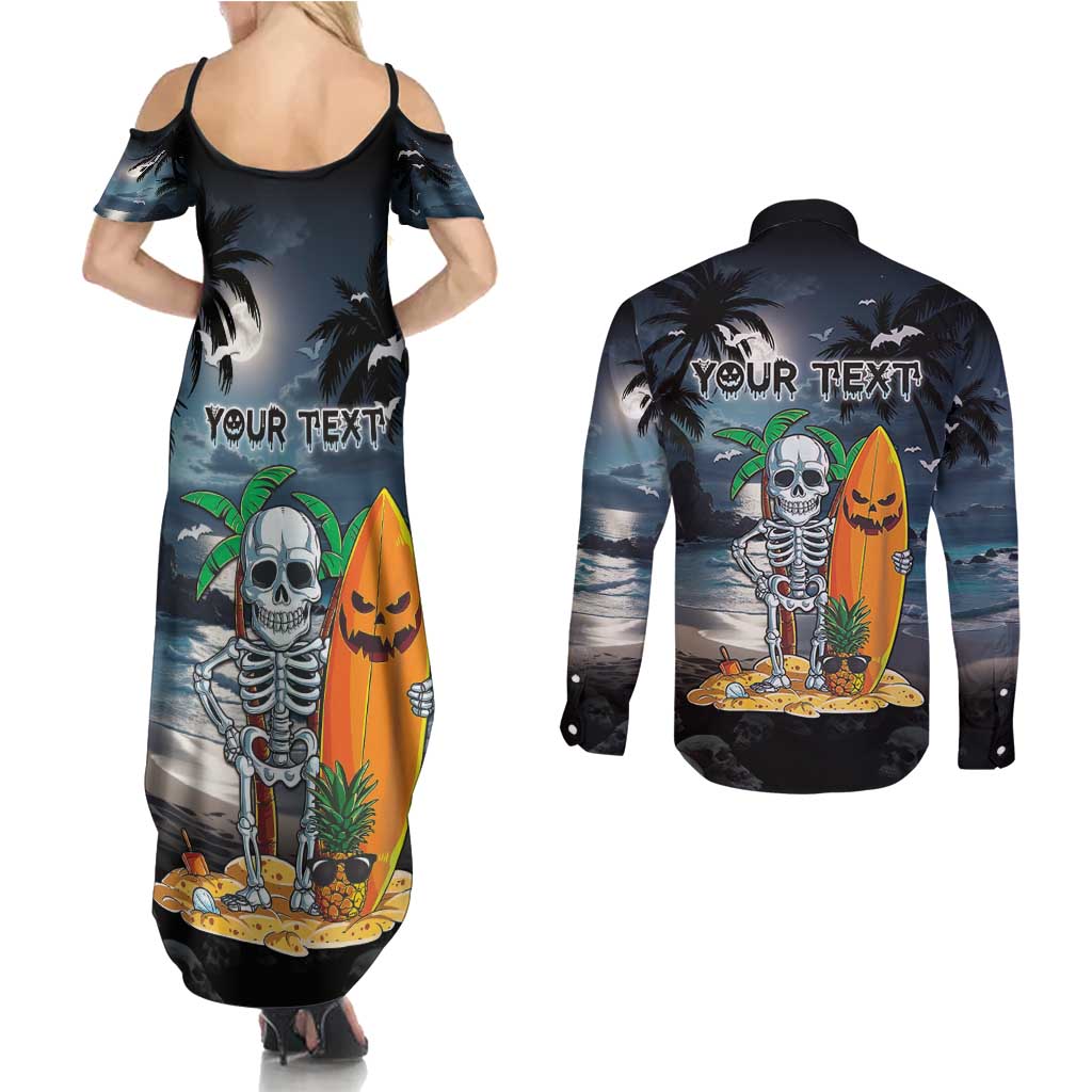 Personalised Hawaii Halloween Couples Matching Summer Maxi Dress and Long Sleeve Button Shirt Hallowaiian Skeleton Surf