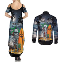 Personalised Hawaii Halloween Couples Matching Summer Maxi Dress and Long Sleeve Button Shirt Hallowaiian Skeleton Surf