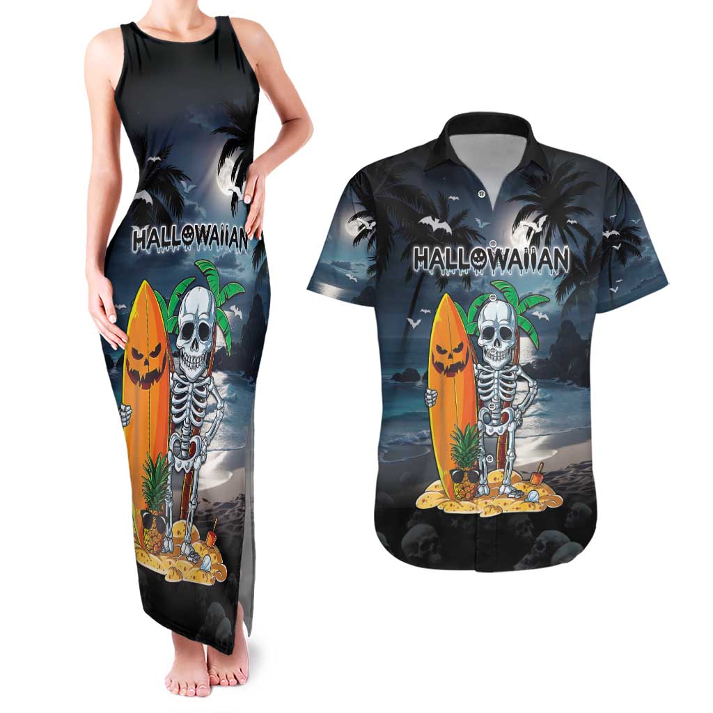 Personalised Hawaii Halloween Couples Matching Tank Maxi Dress and Hawaiian Shirt Hallowaiian Skeleton Surf LT05 Black - Polynesian Pride
