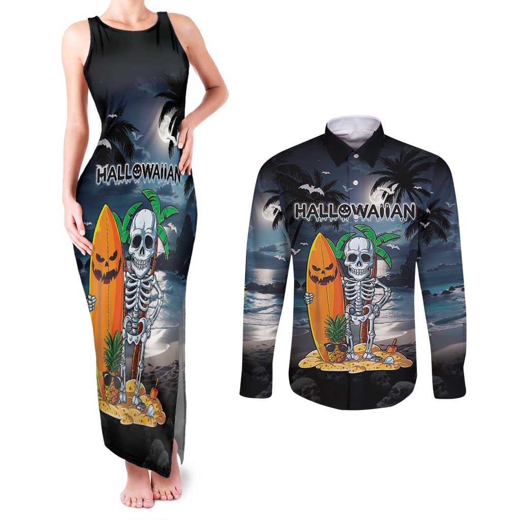Personalised Hawaii Halloween Couples Matching Tank Maxi Dress and Long Sleeve Button Shirt Hallowaiian Skeleton Surf LT05 Black - Polynesian Pride