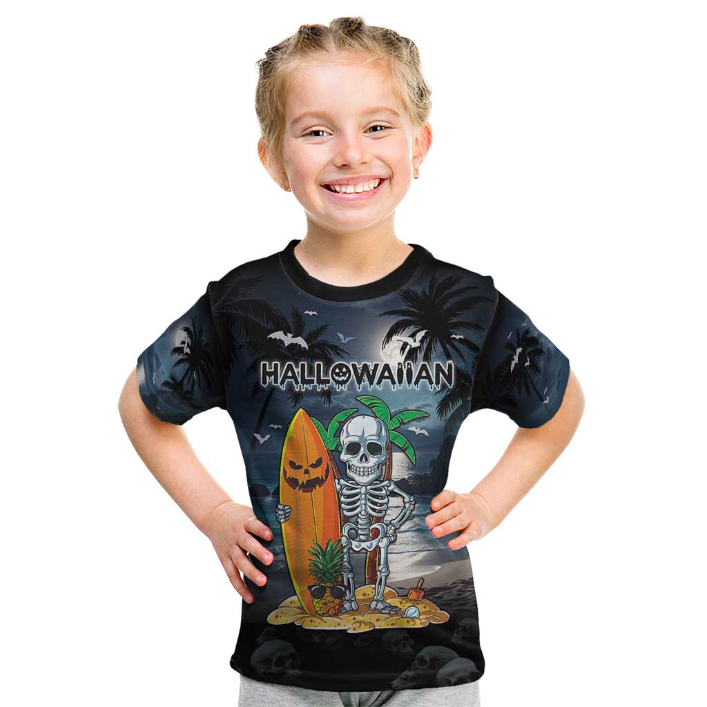 Personalised Hawaii Halloween Kid T Shirt Hallowaiian Skeleton Surf LT05 Black - Polynesian Pride