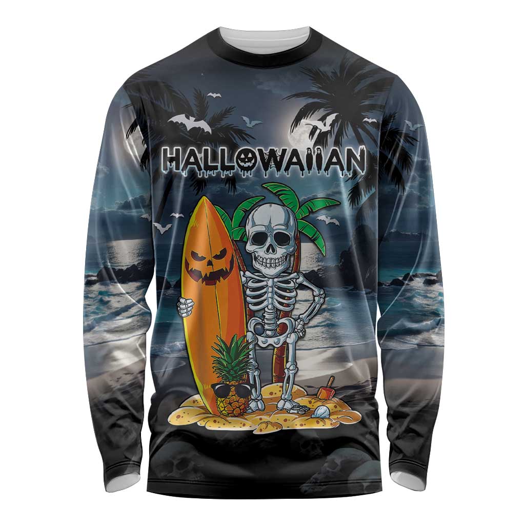 Personalised Hawaii Halloween Long Sleeve Shirt Hallowaiian Skeleton Surf LT05 Unisex Black - Polynesian Pride