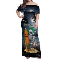 Personalised Hawaii Halloween Off Shoulder Maxi Dress Hallowaiian Skeleton Surf