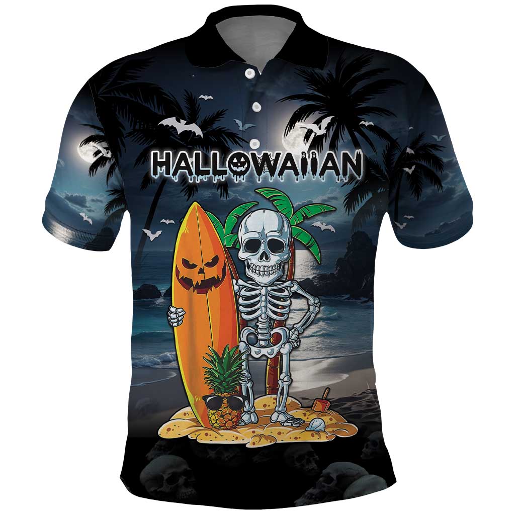 Personalised Hawaii Halloween Polo Shirt Hallowaiian Skeleton Surf
