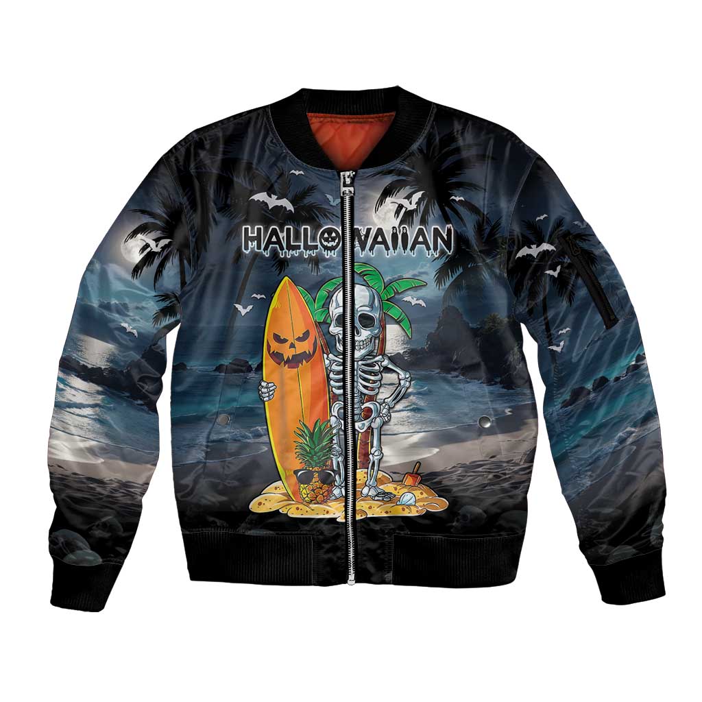 Personalised Hawaii Halloween Sleeve Zip Bomber Jacket Hallowaiian Skeleton Surf LT05 Unisex Black - Polynesian Pride