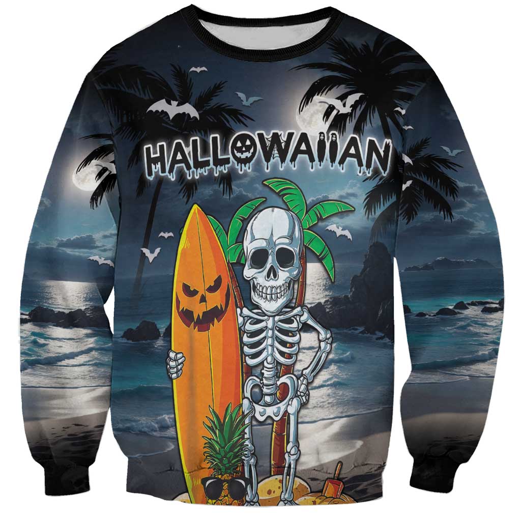Personalised Hawaii Halloween Sweatshirt Hallowaiian Skeleton Surf