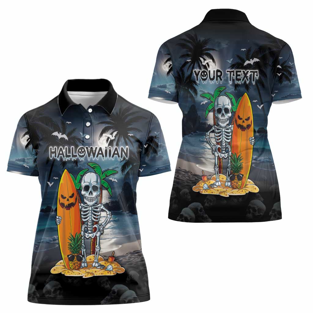 Personalised Hawaii Halloween Women Polo Shirt Hallowaiian Skeleton Surf