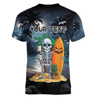 Personalised Hawaii Halloween Women V-Neck T-Shirt Hallowaiian Skeleton Surf
