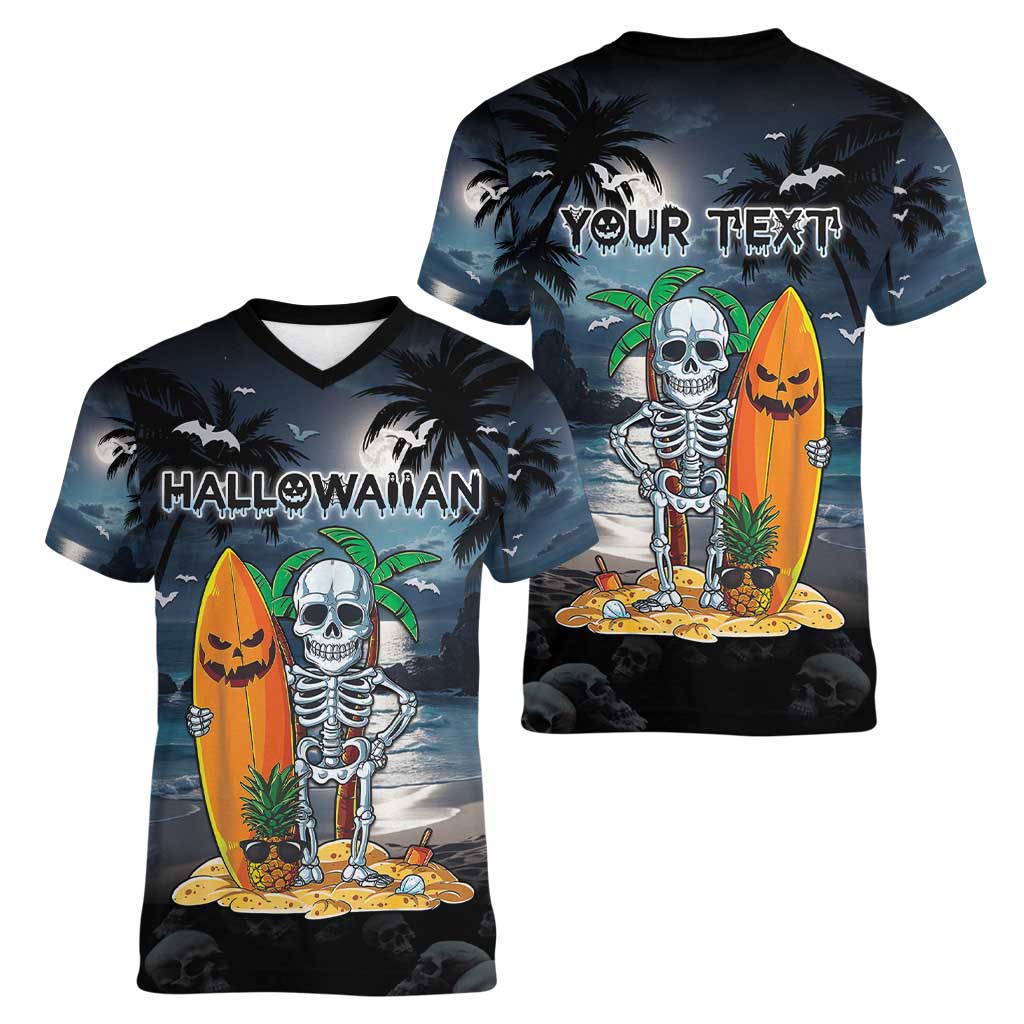 Personalised Hawaii Halloween Women V-Neck T-Shirt Hallowaiian Skeleton Surf