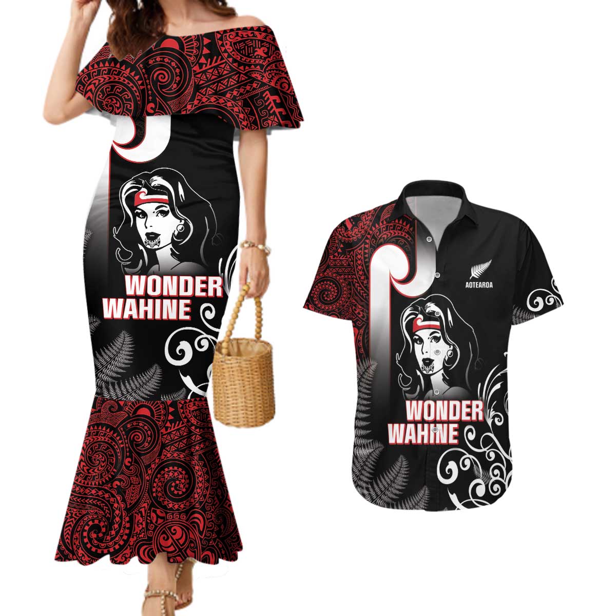 New Zealand Aotearoa Mana Wahine Couples Matching Mermaid Dress and Hawaiian Shirt LT05 Black - Polynesian Pride