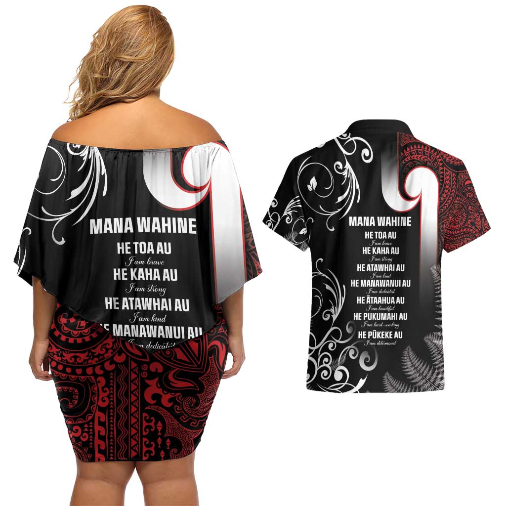 New Zealand Aotearoa Mana Wahine Couples Matching Off Shoulder Short Dress and Hawaiian Shirt