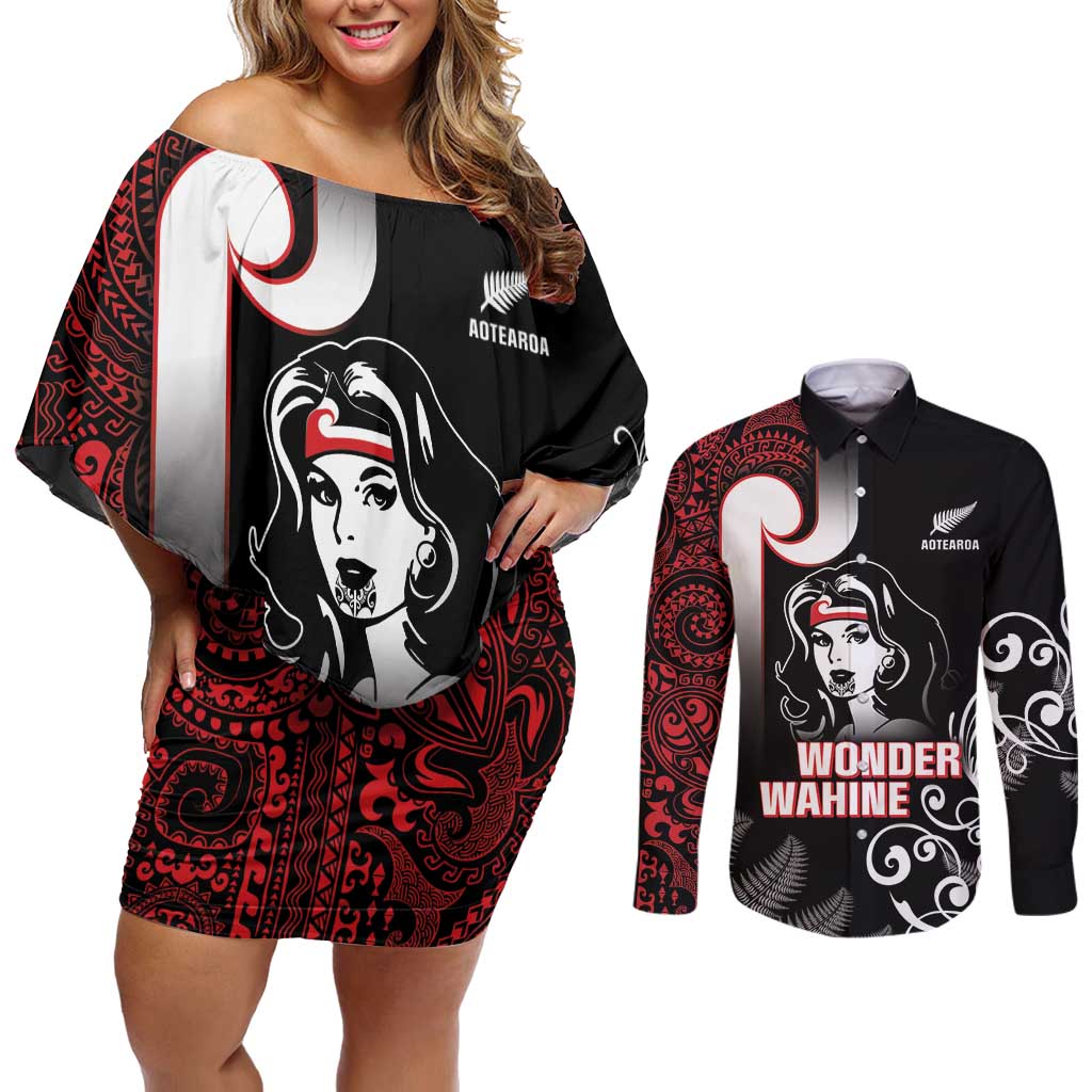 New Zealand Aotearoa Mana Wahine Couples Matching Off Shoulder Short Dress and Long Sleeve Button Shirt
