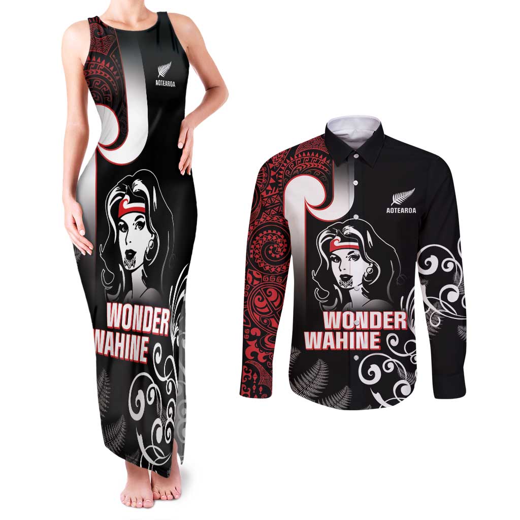 New Zealand Aotearoa Mana Wahine Couples Matching Tank Maxi Dress and Long Sleeve Button Shirt