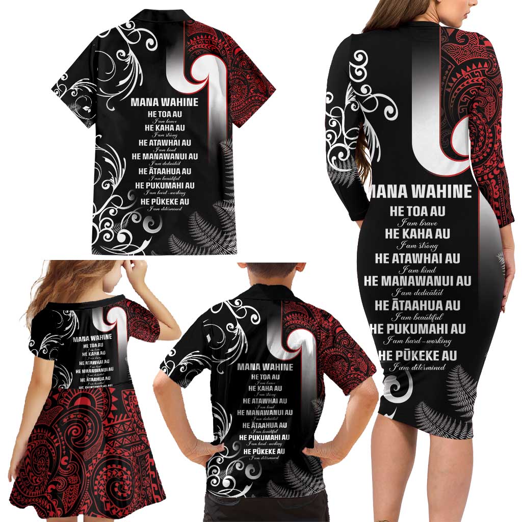 New Zealand Aotearoa Mana Wahine Family Matching Long Sleeve Bodycon Dress and Hawaiian Shirt
