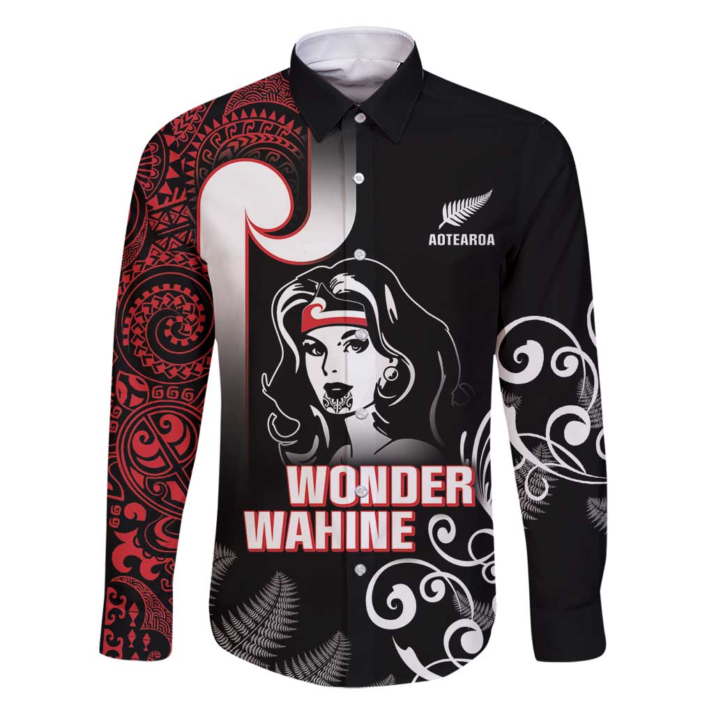 New Zealand Aotearoa Mana Wahine Family Matching Summer Maxi Dress and Hawaiian Shirt LT05 Dad's Shirt - Long Sleeve Black - Polynesian Pride