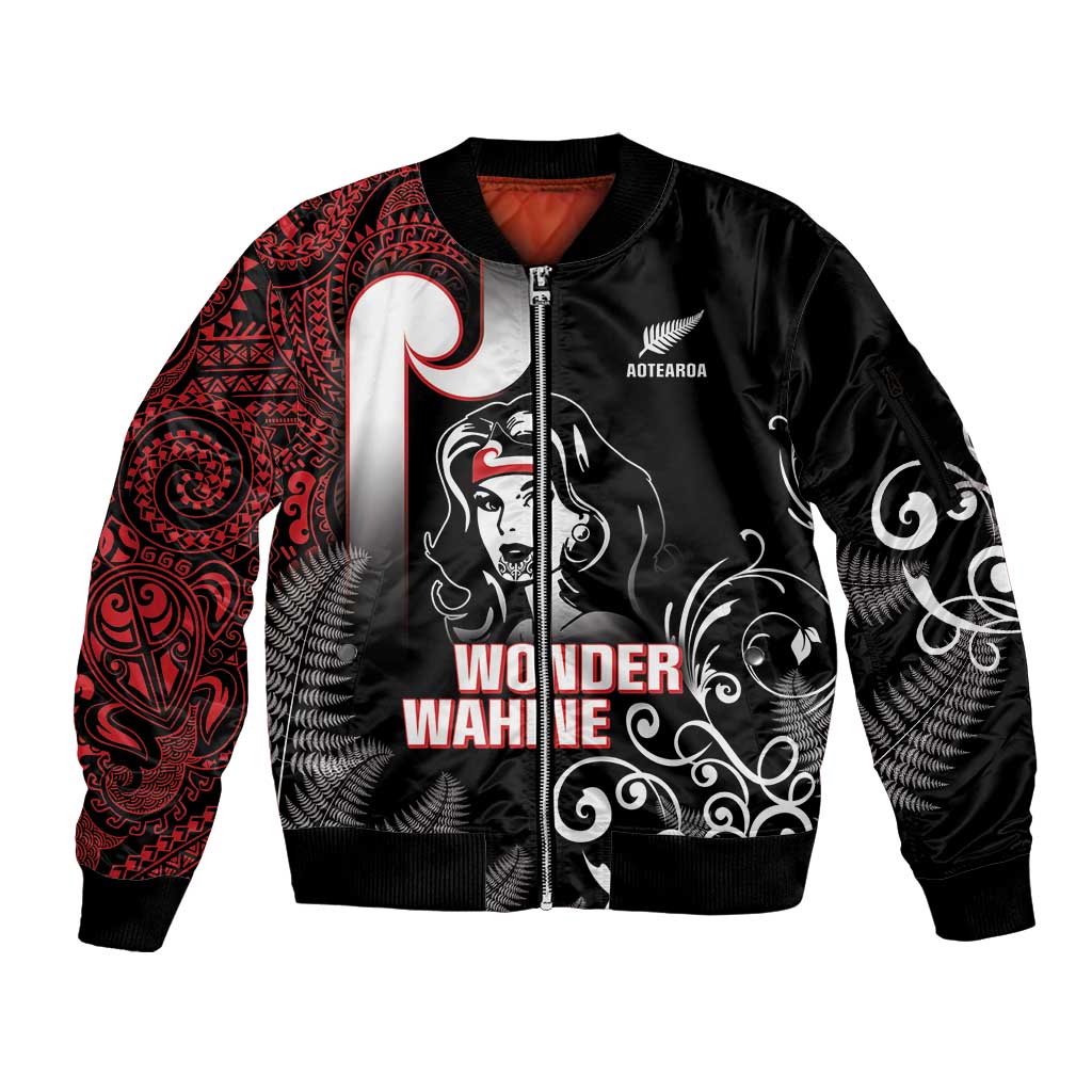 New Zealand Aotearoa Mana Wahine Sleeve Zip Bomber Jacket LT05 Unisex Black - Polynesian Pride