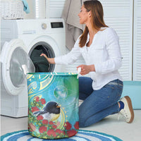 New Zealand Tomtit Laundry Basket Maori Koru With Pohutukawa Galaxy Style - Polynesian Pride