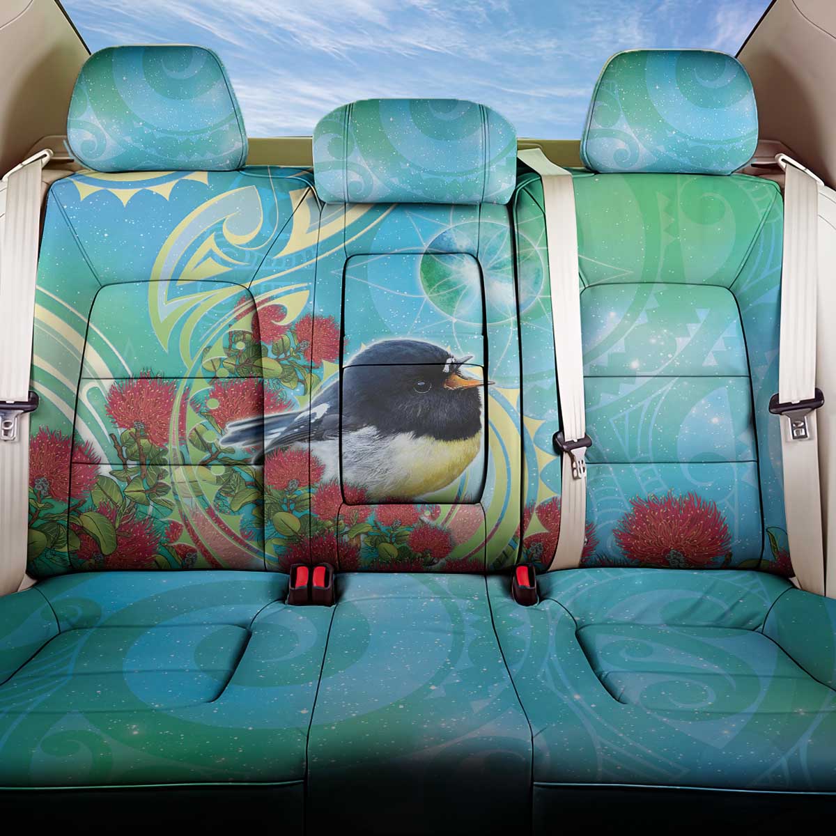 New Zealand Tomtit Back Car Seat Cover Maori Koru With Pohutukawa Galaxy Style - Polynesian Pride