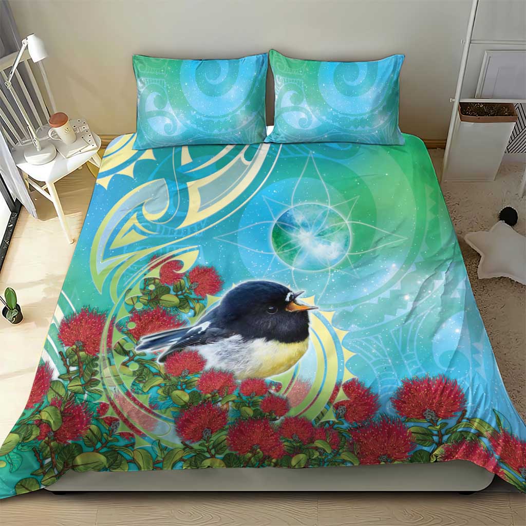 New Zealand Tomtit Bedding Set Maori Koru With Pohutukawa Galaxy Style - Polynesian Pride
