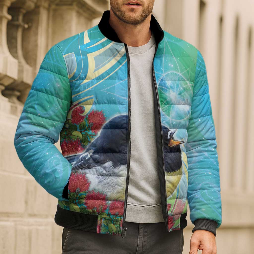 New Zealand Tomtit Bomber Puffer Jacket Maori Koru With Pohutukawa Galaxy Style - Polynesian Pride
