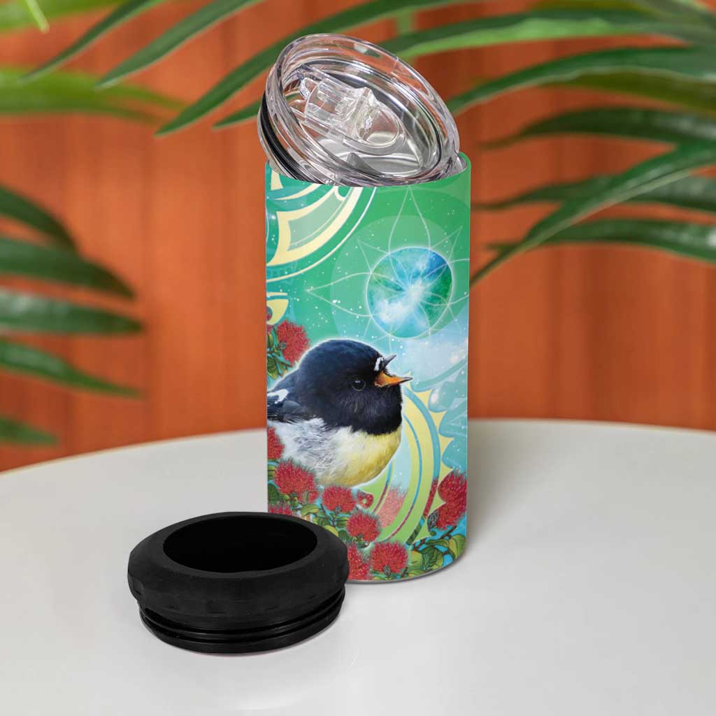 New Zealand Tomtit 4 in 1 Can Cooler Tumbler Maori Koru With Pohutukawa Galaxy Style - Polynesian Pride