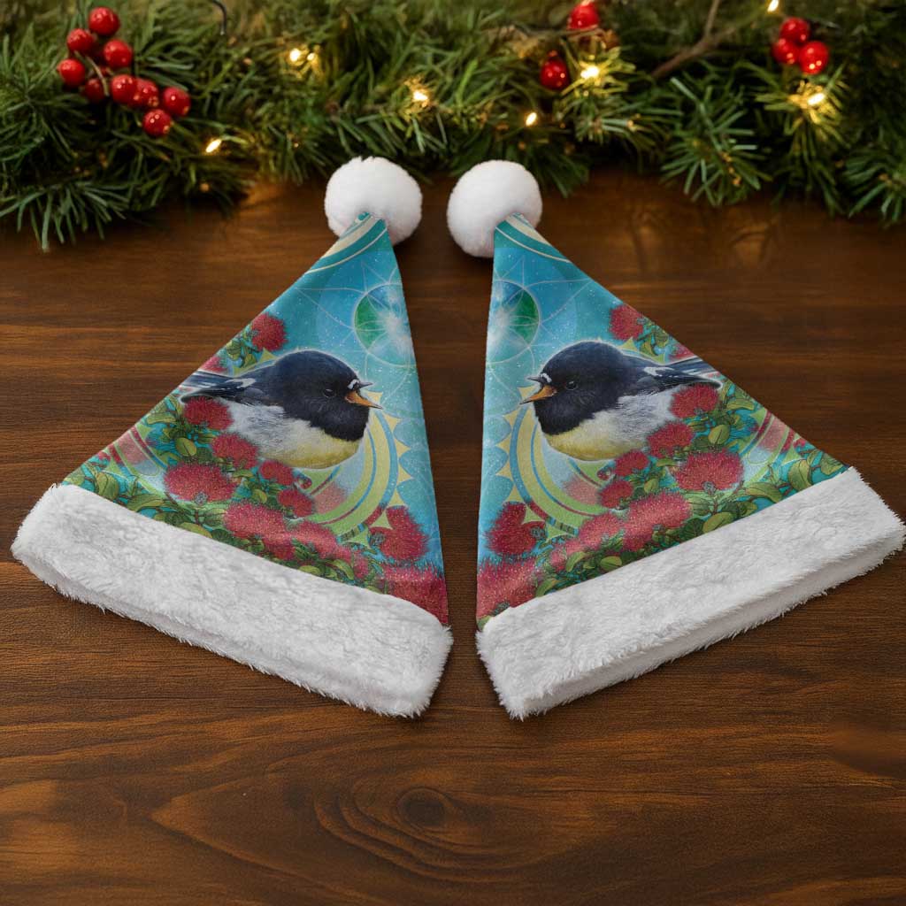 New Zealand Tomtit Christmas Santa Hat Maori Koru With Pohutukawa Galaxy Style - Polynesian Pride