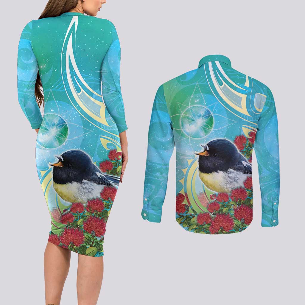 New Zealand Tomtit Couples Matching Long Sleeve Bodycon Dress and Long Sleeve Button Shirt Maori Koru With Pohutukawa Galaxy Style - Polynesian Pride