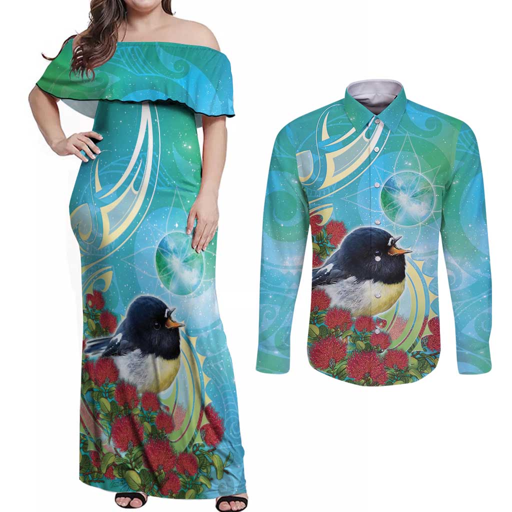New Zealand Tomtit Couples Matching Off Shoulder Maxi Dress and Long Sleeve Button Shirt Maori Koru With Pohutukawa Galaxy Style - Polynesian Pride