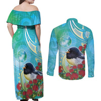 New Zealand Tomtit Couples Matching Off Shoulder Maxi Dress and Long Sleeve Button Shirt Maori Koru With Pohutukawa Galaxy Style - Polynesian Pride