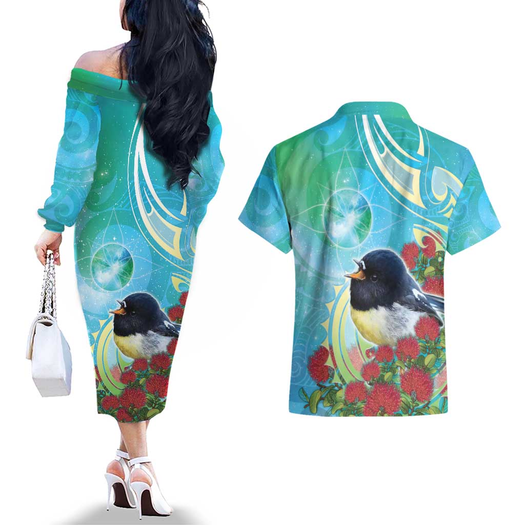 New Zealand Tomtit Couples Matching Off The Shoulder Long Sleeve Dress and Hawaiian Shirt Maori Koru With Pohutukawa Galaxy Style - Polynesian Pride