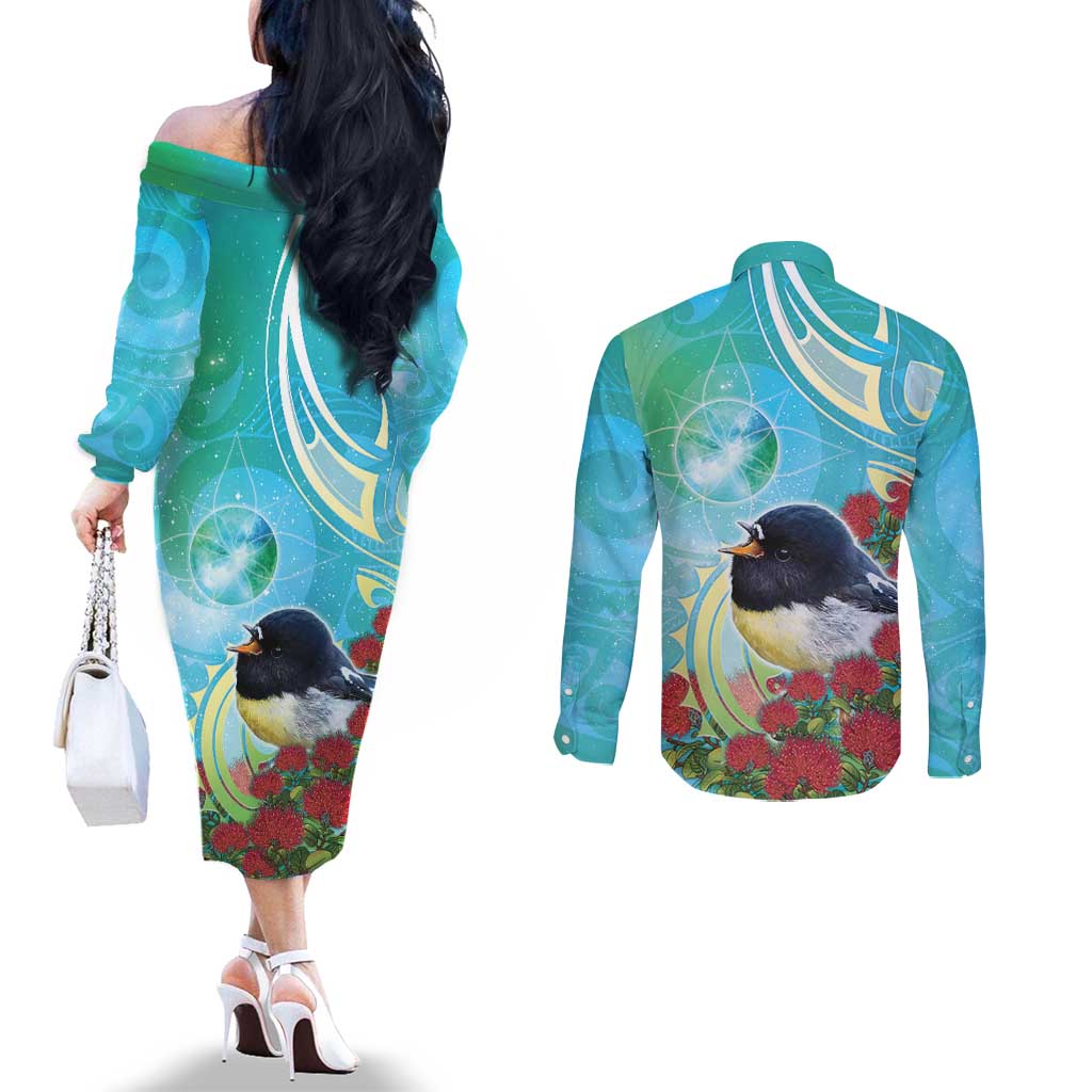 New Zealand Tomtit Couples Matching Off The Shoulder Long Sleeve Dress and Long Sleeve Button Shirt Maori Koru With Pohutukawa Galaxy Style - Polynesian Pride