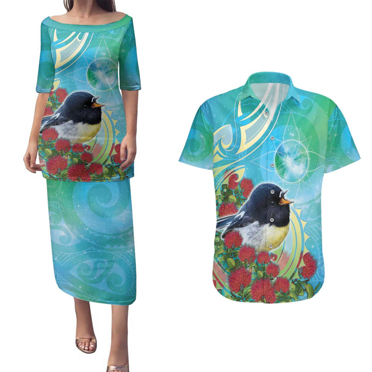 New Zealand Tomtit Couples Matching Puletasi and Hawaiian Shirt Maori Koru With Pohutukawa Galaxy Style - Polynesian Pride