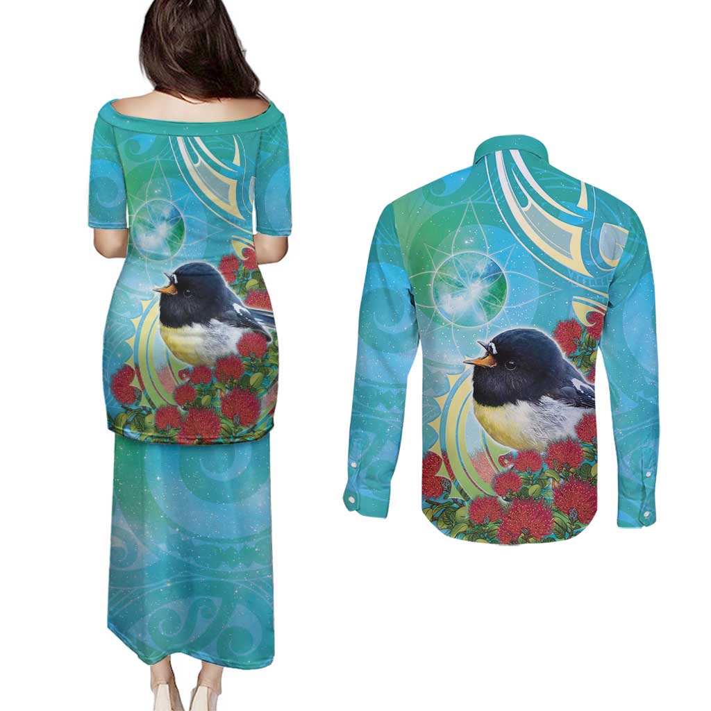 New Zealand Tomtit Couples Matching Puletasi and Long Sleeve Button Shirt Maori Koru With Pohutukawa Galaxy Style - Polynesian Pride