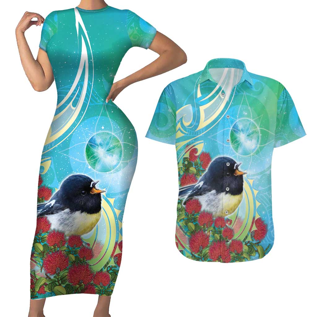 New Zealand Tomtit Couples Matching Short Sleeve Bodycon Dress and Hawaiian Shirt Maori Koru With Pohutukawa Galaxy Style - Polynesian Pride