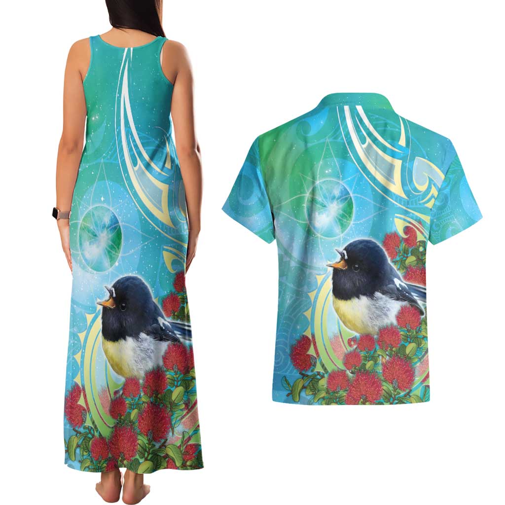 New Zealand Tomtit Couples Matching Tank Maxi Dress and Hawaiian Shirt Maori Koru With Pohutukawa Galaxy Style - Polynesian Pride