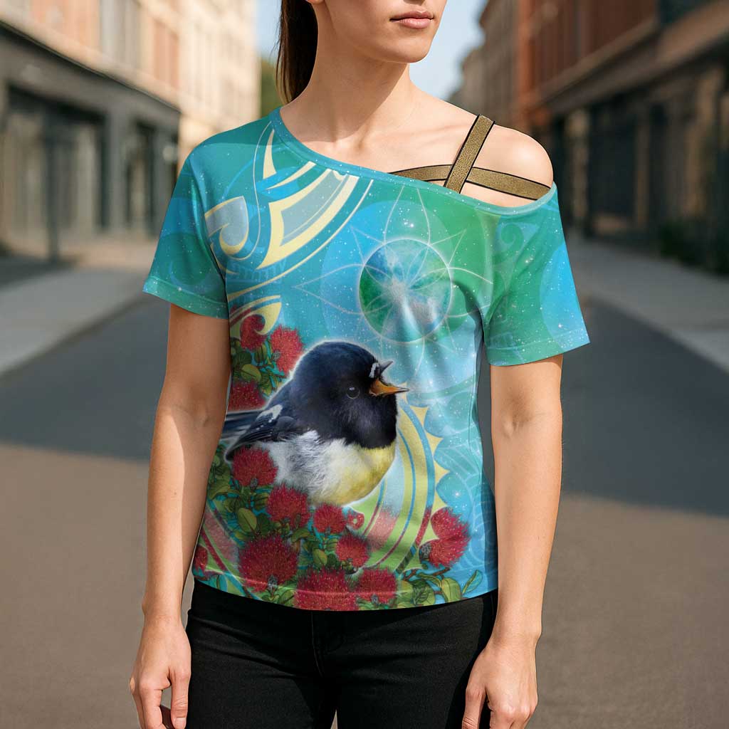 New Zealand Tomtit Cross Shoulder Shirt Maori Koru With Pohutukawa Galaxy Style - Polynesian Pride