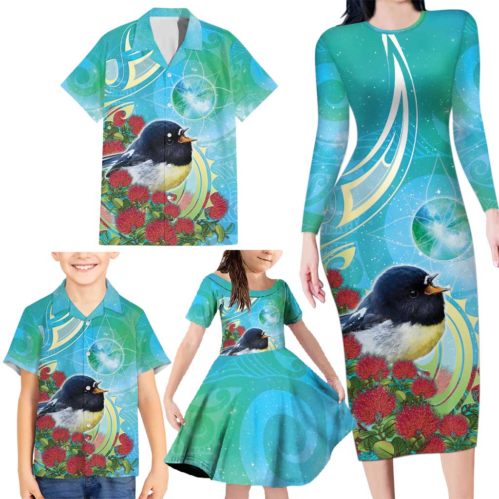 New Zealand Tomtit Family Matching Long Sleeve Bodycon Dress and Hawaiian Shirt Maori Koru With Pohutukawa Galaxy Style - Polynesian Pride