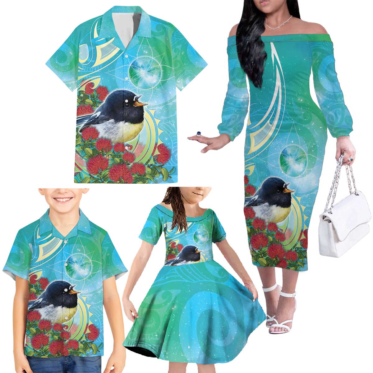 New Zealand Tomtit Family Matching Off The Shoulder Long Sleeve Dress and Hawaiian Shirt Maori Koru With Pohutukawa Galaxy Style - Polynesian Pride