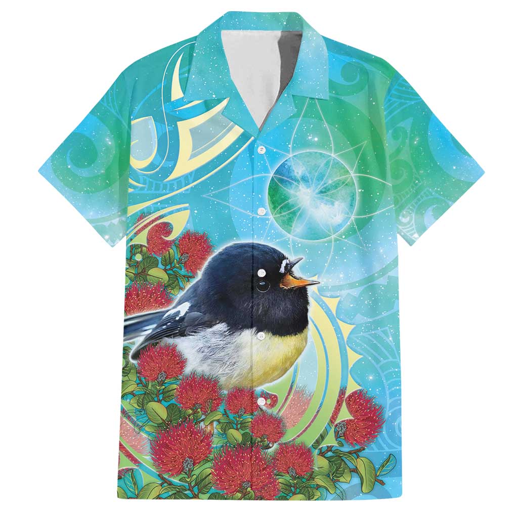 New Zealand Tomtit Family Matching Off Shoulder Short Dress and Hawaiian Shirt Maori Koru With Pohutukawa Galaxy Style - Polynesian Pride